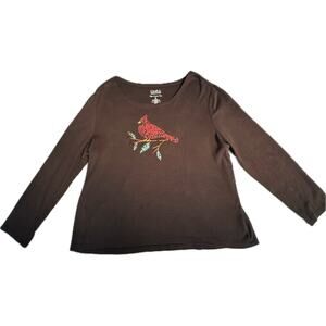 Croft & Barrow Long Sleeve Holiday T-Shirt Women XL Red Metallic Bird on Black